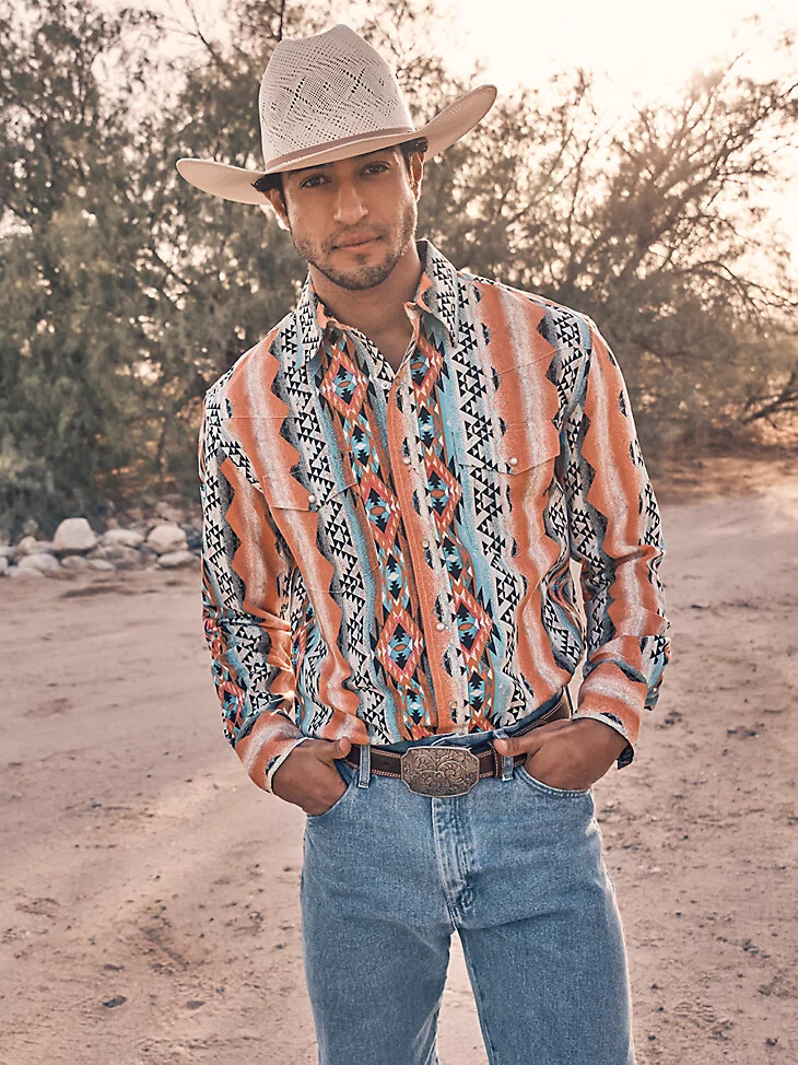 camisa de manga larga con estampado de broches estilo western checotah para hombre color naranja