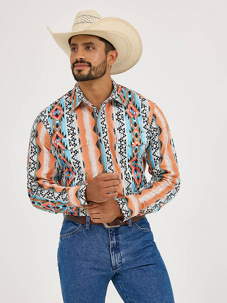camisa de manga larga con estampado de broches estilo western checotah para hombre color naranja