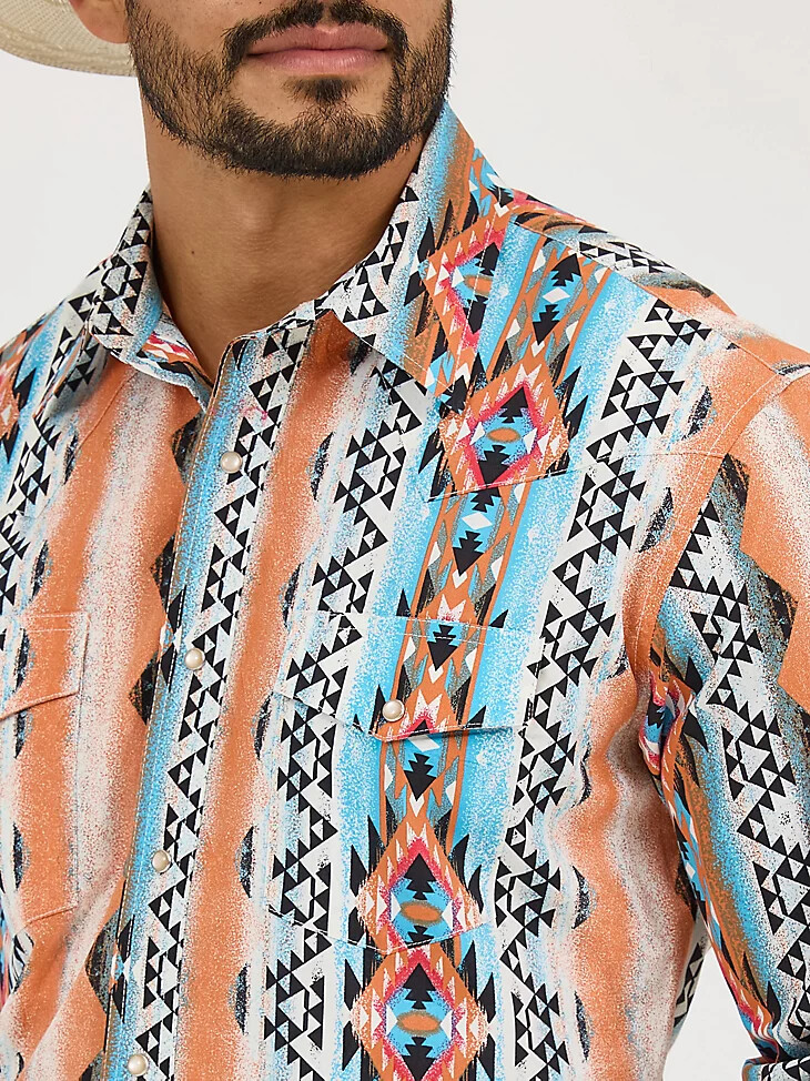 camisa de manga larga con estampado de broches estilo western checotah para hombre color naranja