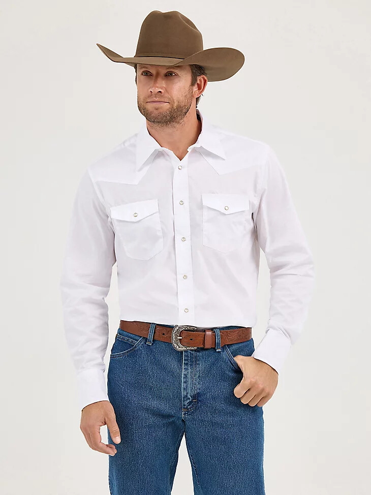 camisa wrangler western snap - manga larga tela ancha lisa color blanco