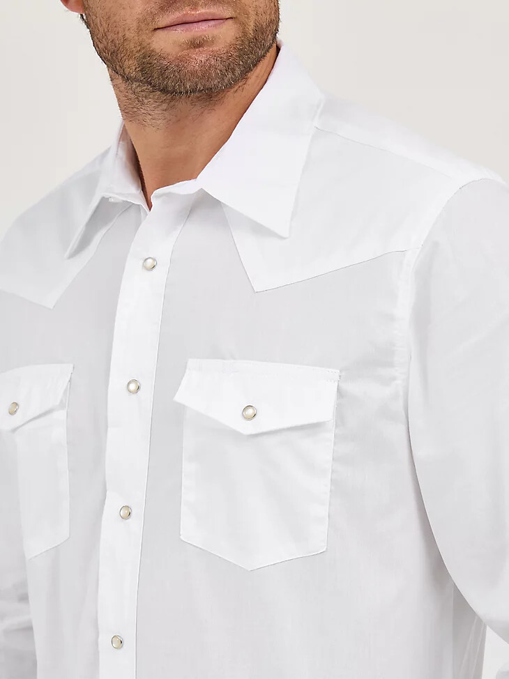camisa wrangler western snap - manga larga tela ancha lisa color blanco