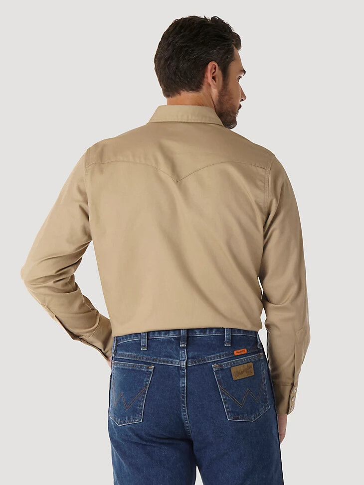 camisa de trabajo wrangler fr de sarga lisa resistente a las llamas de manga larga con broches estilo western color caqui