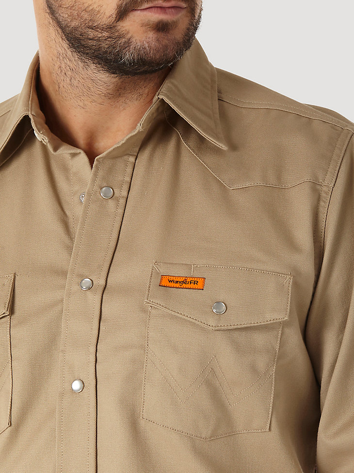 camisa de trabajo wrangler fr de sarga lisa resistente a las llamas de manga larga con broches estilo western color caqui