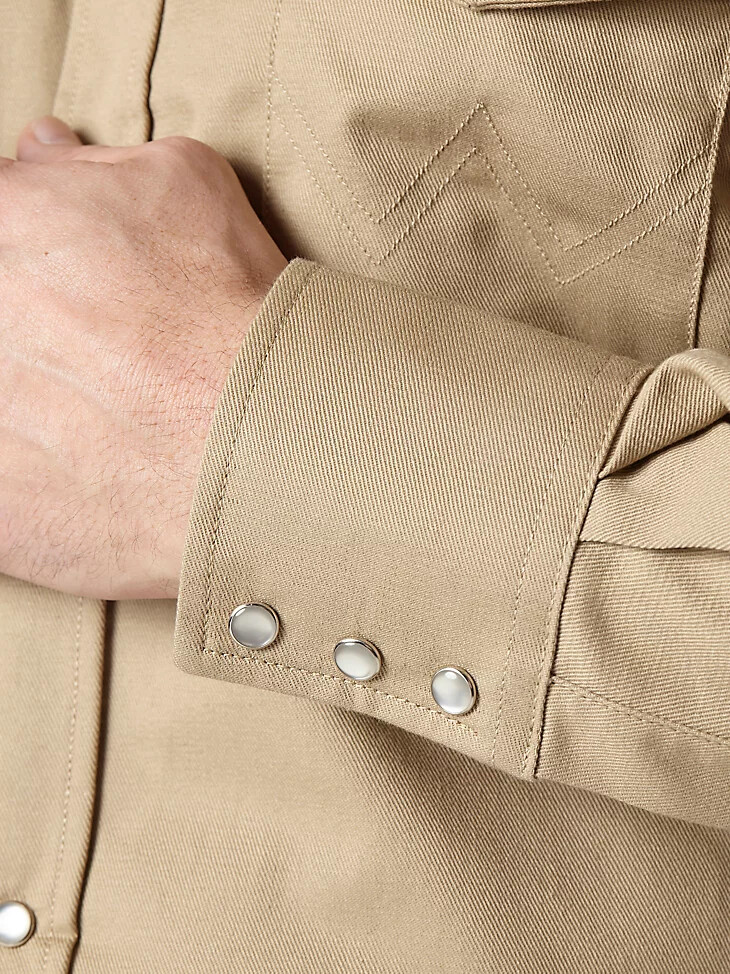 camisa de trabajo wrangler fr de sarga lisa resistente a las llamas de manga larga con broches estilo western color caqui