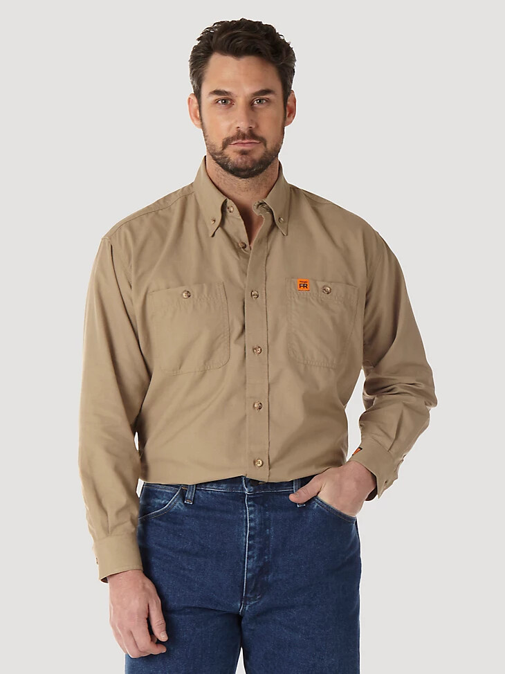 camisa de trabajo wrangler fr riggs twill lisa resistente a las llamas color caqui