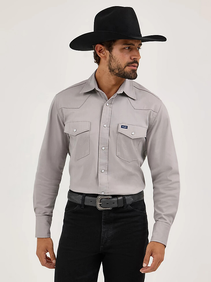 camisa vaquera de manga larga cuello abierto y corte vaquero de rendimiento premium y comodidad avanzada en color cemento