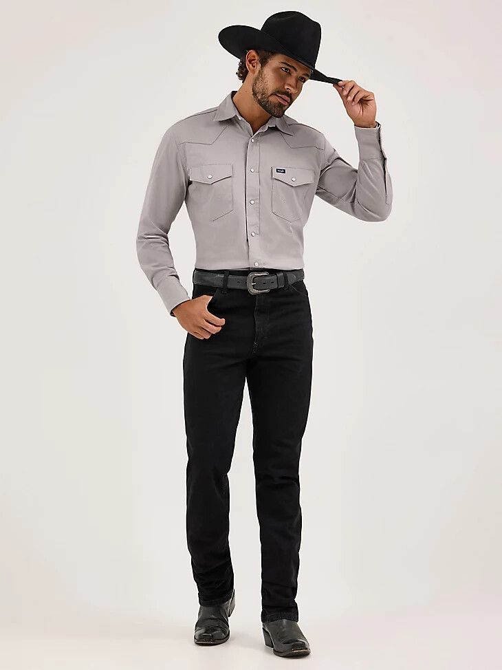 camisa vaquera de manga larga cuello abierto y corte vaquero de rendimiento premium y comodidad avanzada en color cemento