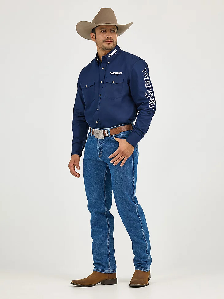 camisa lisa de manga larga con botones y logotipo wrangler para hombre color azul marino