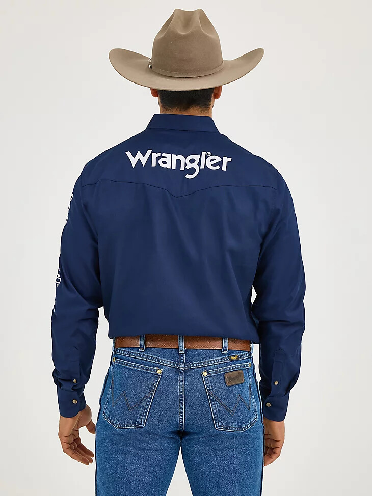 camisa lisa de manga larga con botones y logotipo wrangler para hombre color azul marino