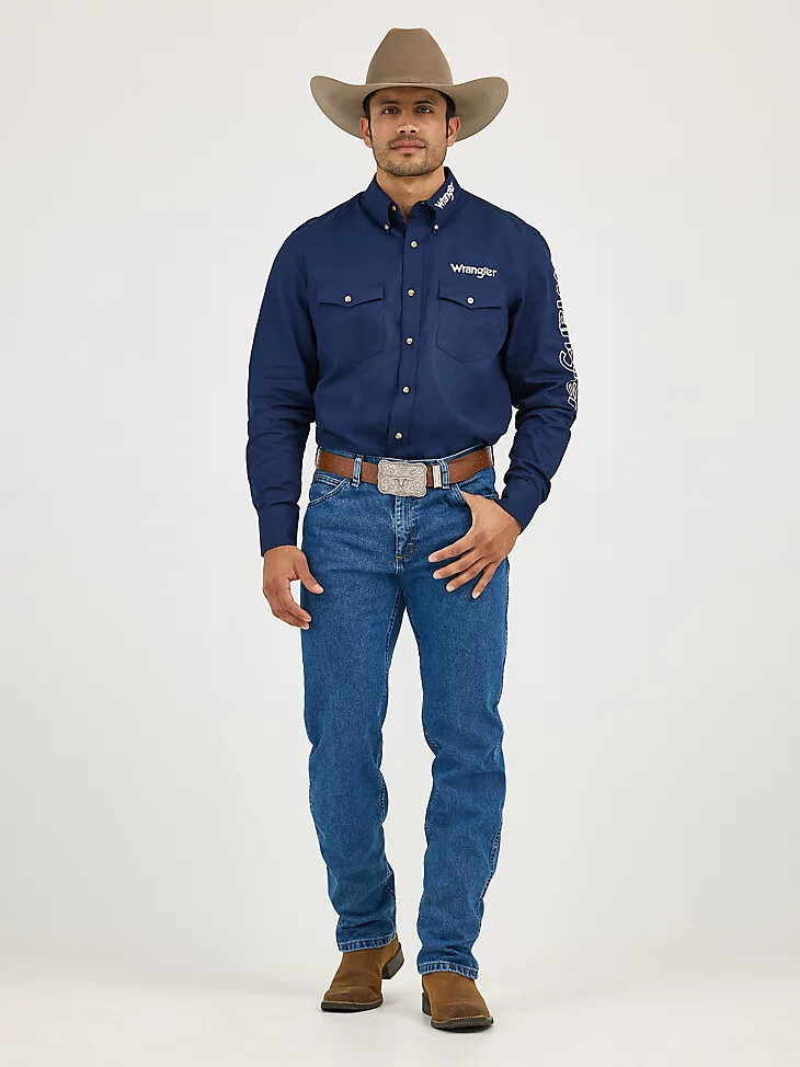 camisa lisa de manga larga con botones y logotipo wrangler para hombre color azul marino