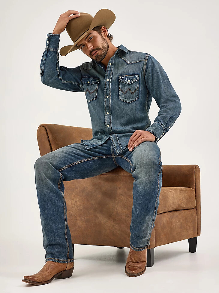 camisa de trabajo vaquera de manga larga con broches de presión cowboy cut azul antiguo