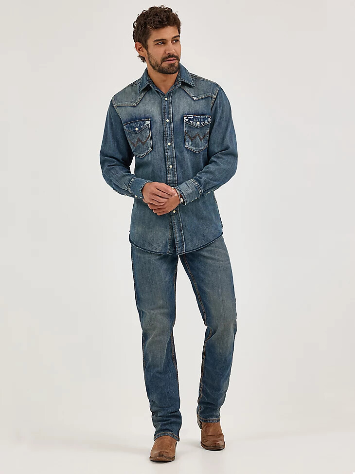 camisa de trabajo vaquera de manga larga con broches de presión cowboy cut azul antiguo
