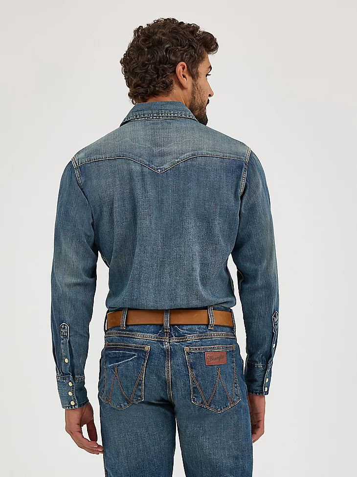 camisa de trabajo vaquera de manga larga con broches de presión cowboy cut azul antiguo