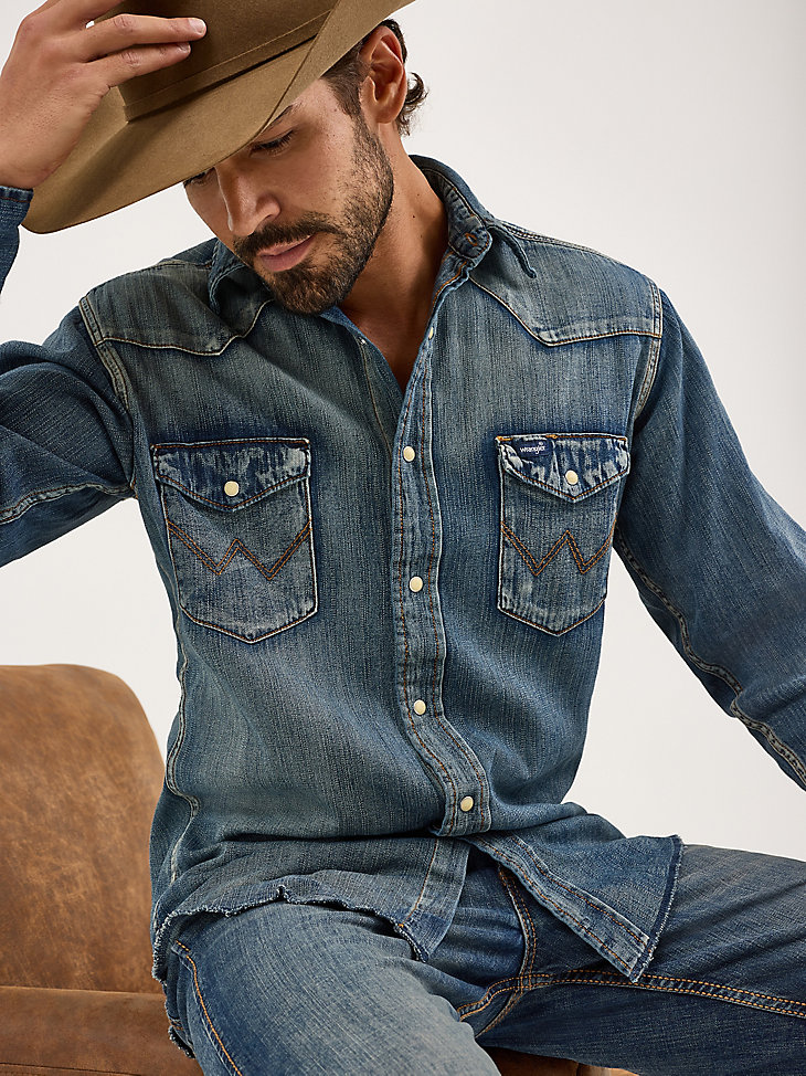 camisa de trabajo vaquera de manga larga con broches de presión cowboy cut azul antiguo