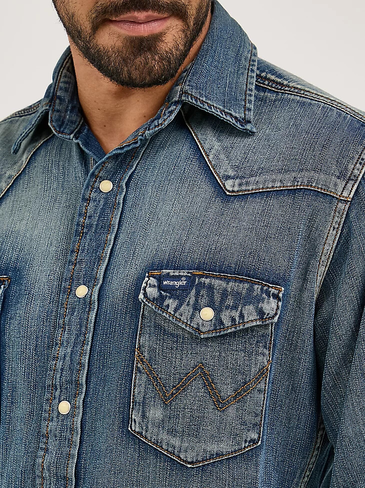 camisa de trabajo vaquera de manga larga con broches de presión cowboy cut azul antiguo