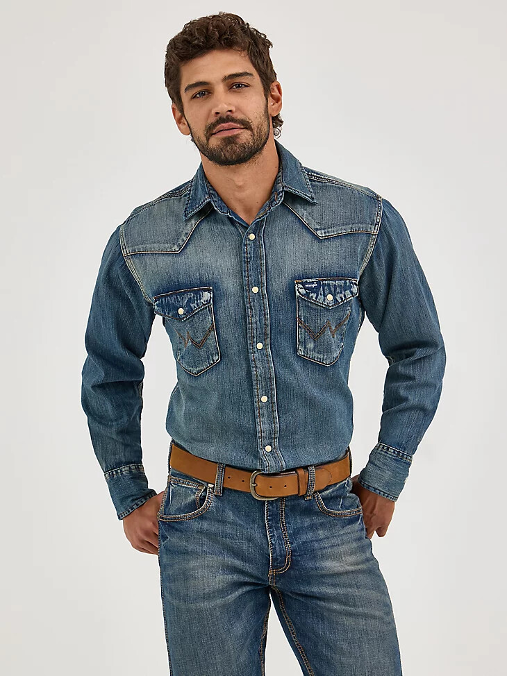 camisa de trabajo vaquera de manga larga con broches de presión cowboy cut azul antiguo