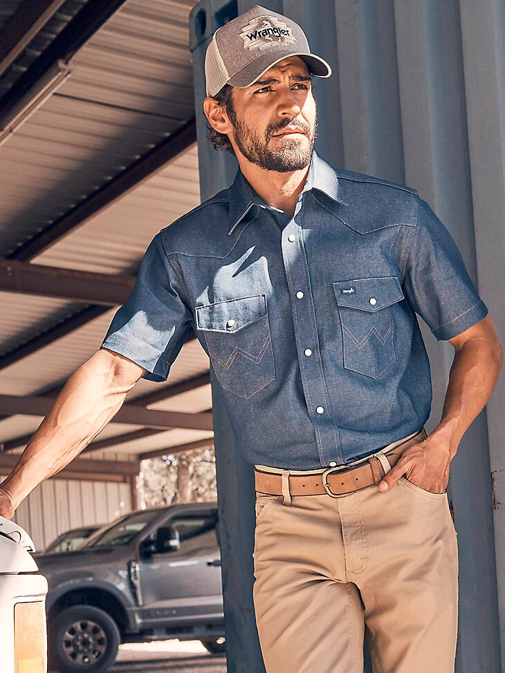 camisa vaquera de trabajo de manga corta con acabado firme cowboy cut color índigo rígido