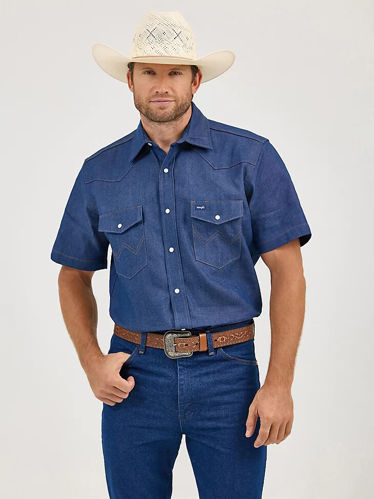 camisa vaquera de trabajo de manga corta con acabado firme cowboy cut color índigo rígido