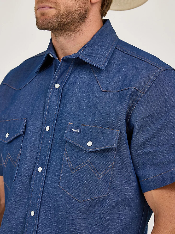 camisa vaquera de trabajo de manga corta con acabado firme cowboy cut color índigo rígido