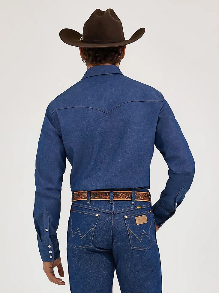 camisa de trabajo vaquera con broches de presión estilo vaquero cowboy cut con acabado firme color índigo acabado firme