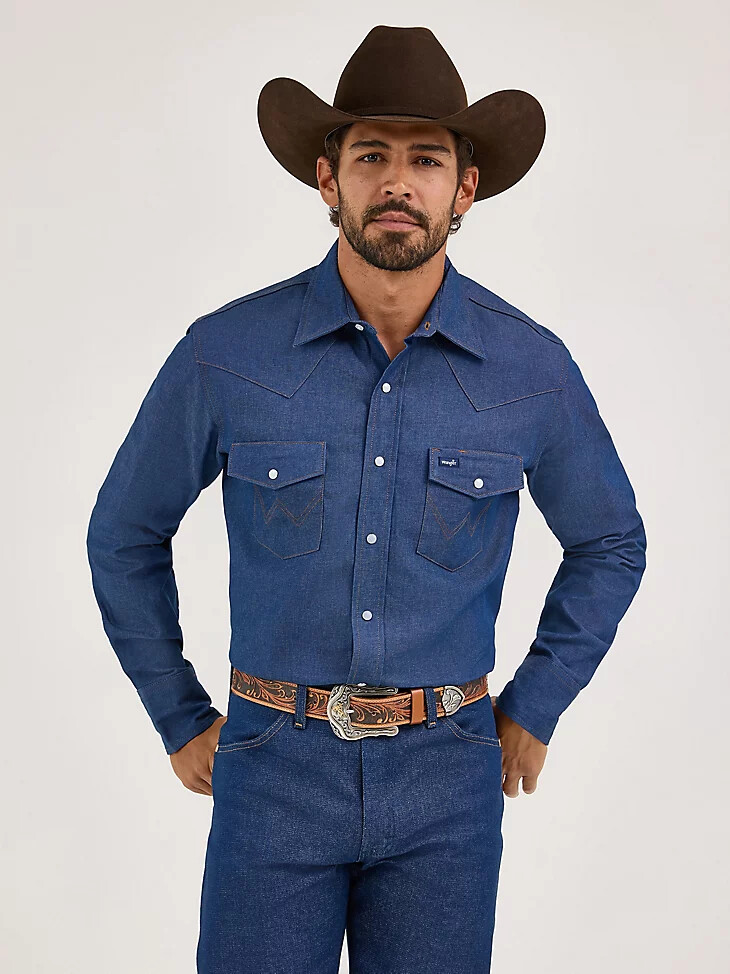 camisa de trabajo vaquera con broches de presión estilo vaquero cowboy cut con acabado firme color índigo acabado firme