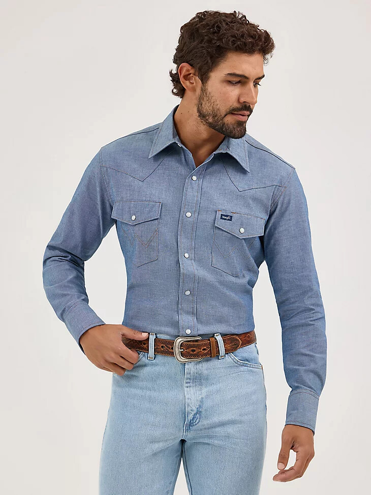 camisa de trabajo de manga larga cowboy cut con broches estilo western chambray color azul chambray acabado firme