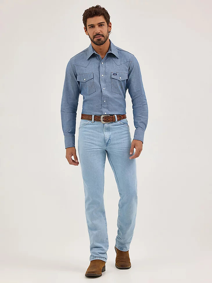 camisa de trabajo de manga larga cowboy cut con broches estilo western chambray color azul chambray acabado firme