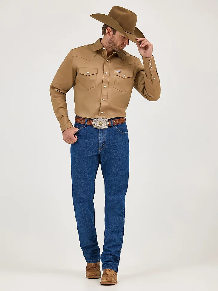camisa de trabajo vaquera con broches de presión de sarga con acabado firme cowboy cut de cuero crudo