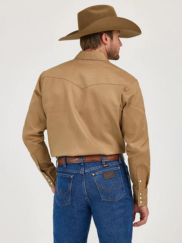 camisa de trabajo vaquera con broches de presión de sarga con acabado firme cowboy cut de cuero crudo