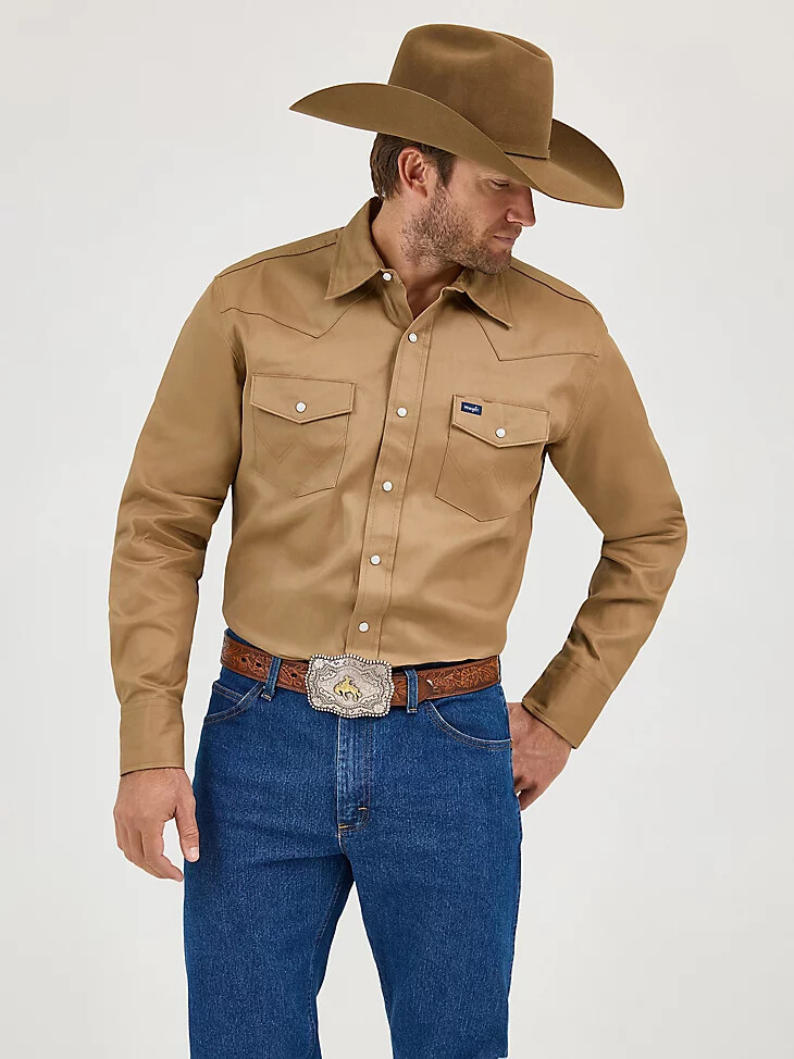 camisa de trabajo vaquera con broches de presión de sarga con acabado firme cowboy cut de cuero crudo