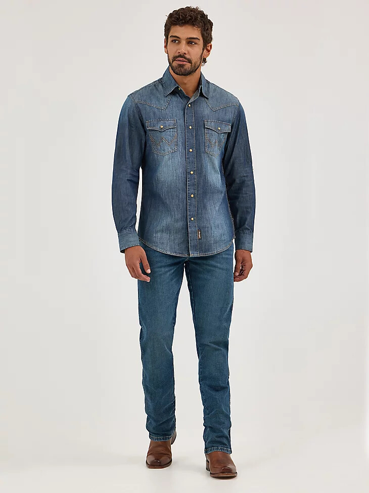 camisa vaquera de manga larga wrangler retro premium para hombre estilo western con broches color azul
