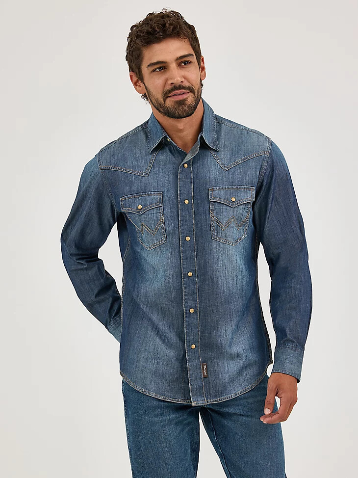 camisa vaquera de manga larga wrangler retro premium para hombre estilo western con broches color azul