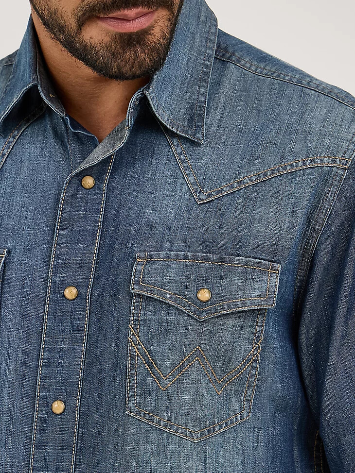 camisa vaquera de manga larga wrangler retro premium para hombre estilo western con broches color azul