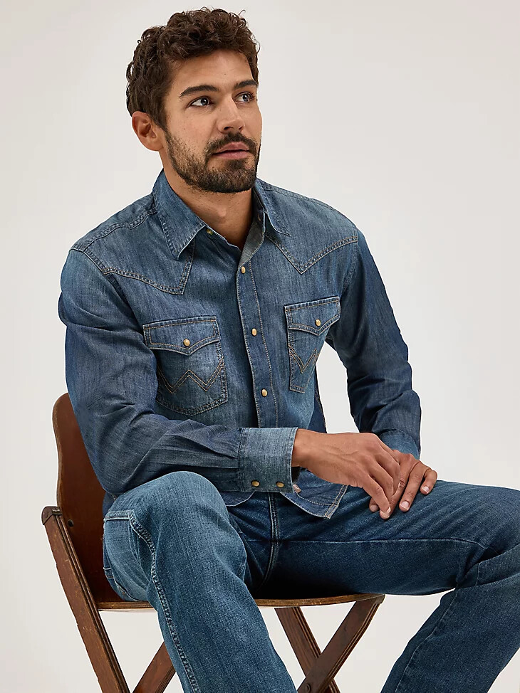 camisa vaquera de manga larga wrangler retro premium para hombre estilo western con broches color azul