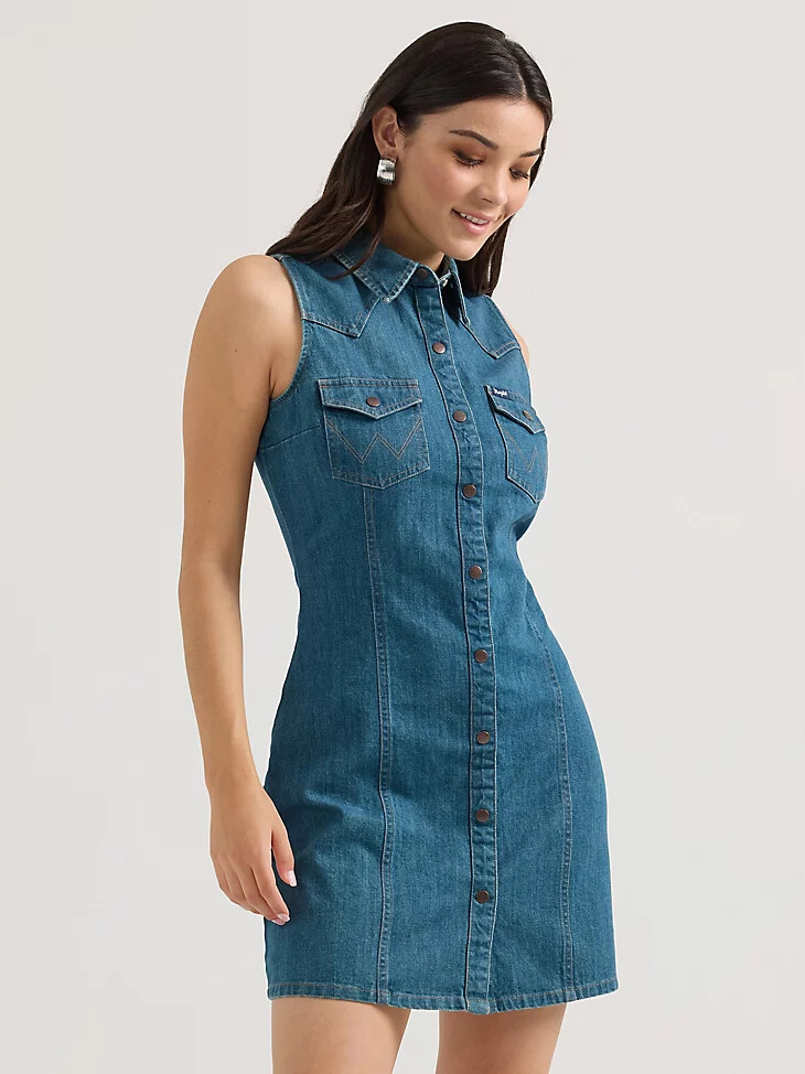 vestido camisero sin mangas con broches estilo western wrangler para mujer lavado oscuro