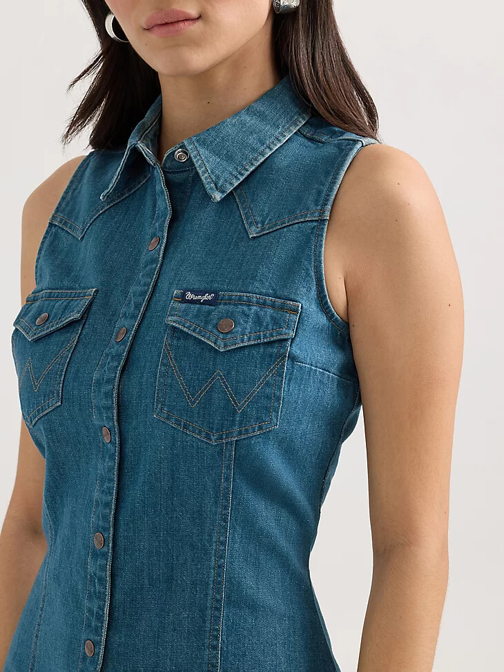 vestido camisero sin mangas con broches estilo western wrangler para mujer lavado oscuro