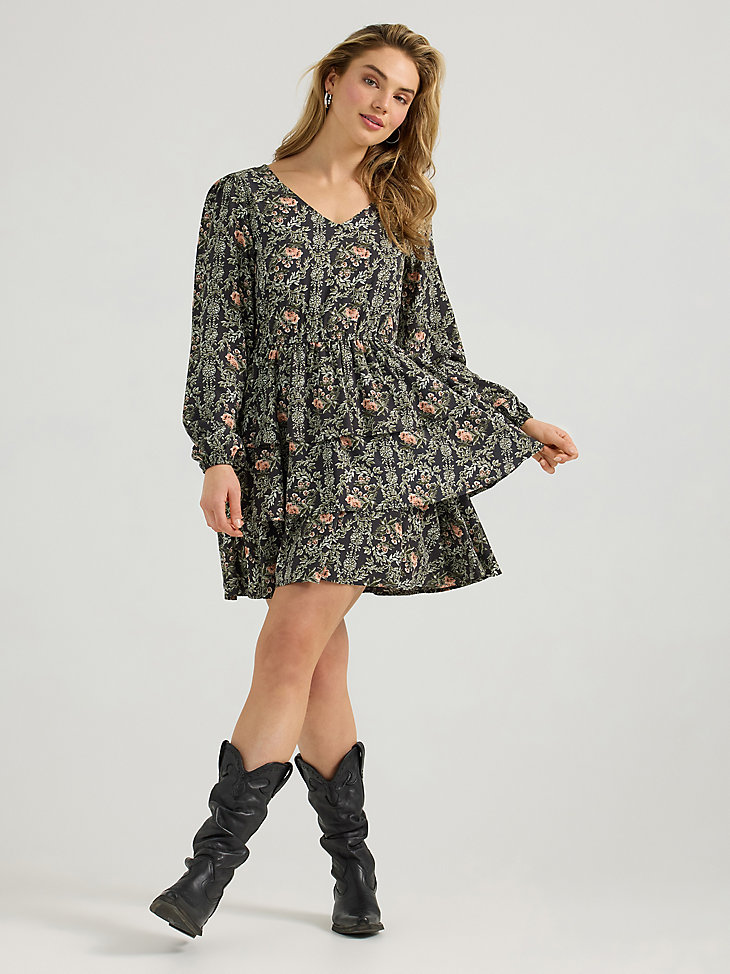 vestido wrangler retro vintage de manga larga con capas para mujer color rosa y negro