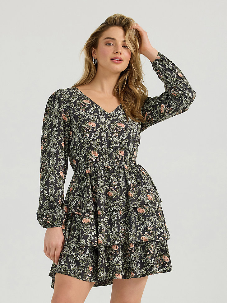 vestido wrangler retro vintage de manga larga con capas para mujer color rosa y negro