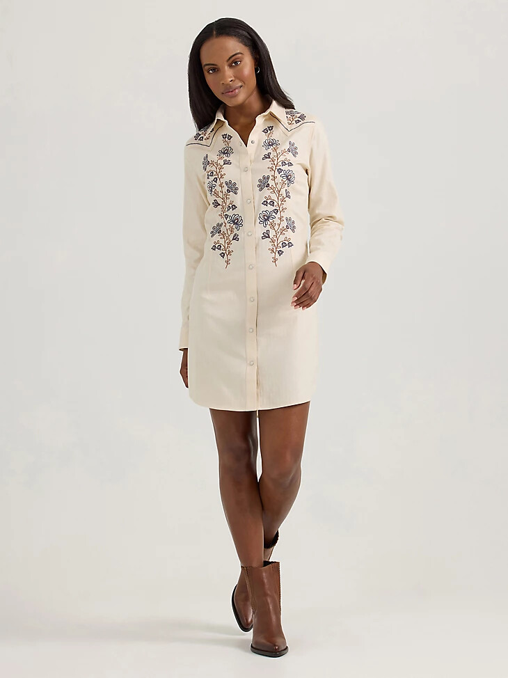 vestido camisero con broches de estilo western y flores silvestres bordadas para mujer cisne blanco