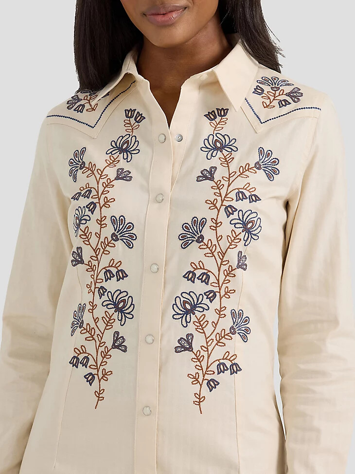 vestido camisero con broches de estilo western y flores silvestres bordadas para mujer cisne blanco
