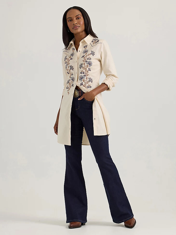 vestido camisero con broches de estilo western y flores silvestres bordadas para mujer cisne blanco