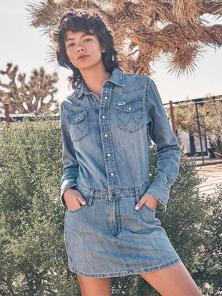 vestido vaquero de manga larga para mujer en color azul marino