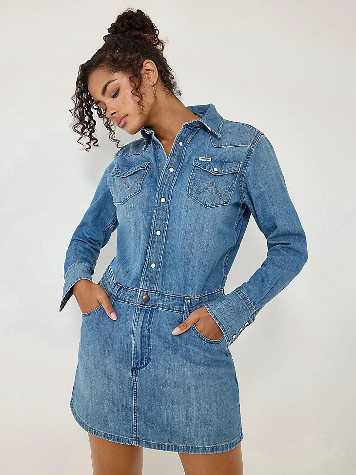 vestido vaquero de manga larga para mujer en color azul marino