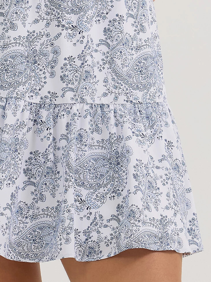 vestido wrangler con corpiño fruncido y volantes para mujer azul y blanco