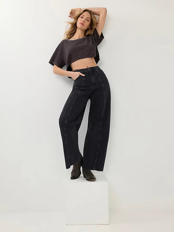 vaqueros de barril estilo vaquero para mujer color negro enjuagado