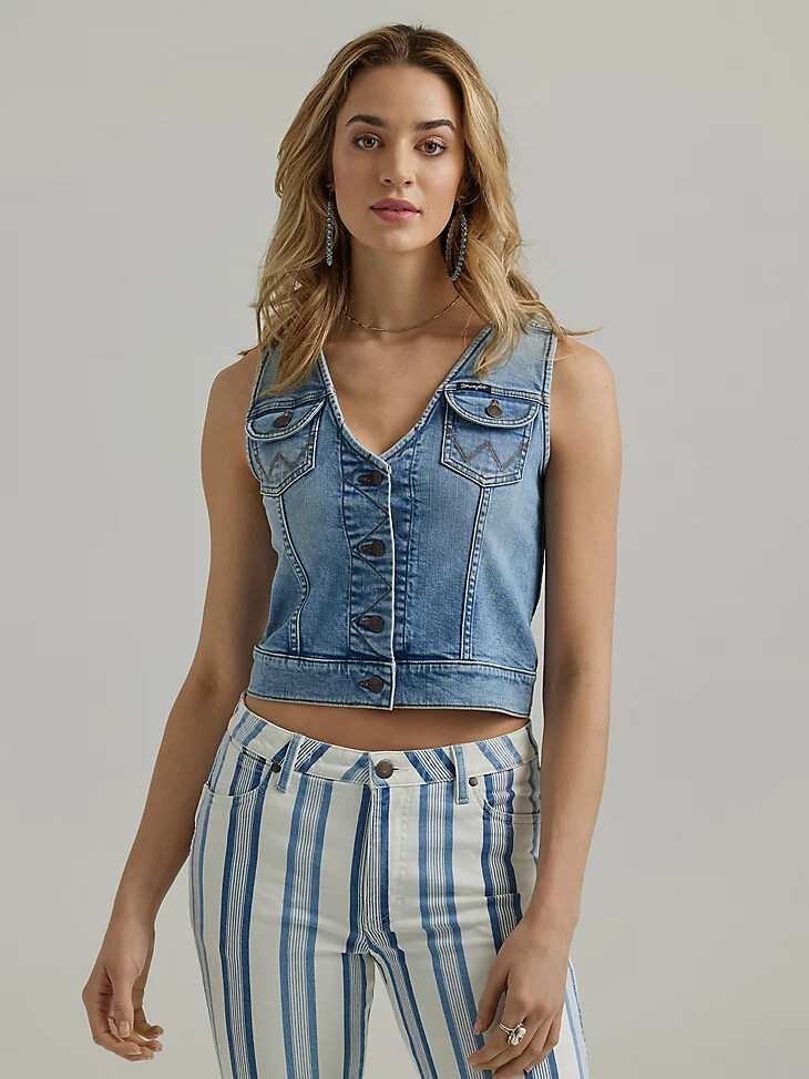 camisa vaquera estilo western wrangler para mujer color azul