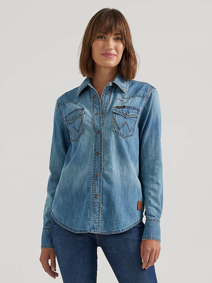 camisa wrangler x buffalo trace revival para mujer color índigo