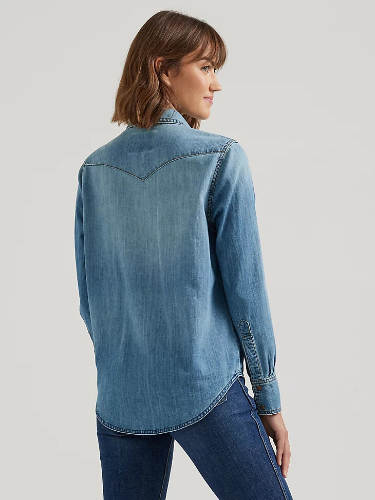 camisa wrangler x buffalo trace revival para mujer color índigo