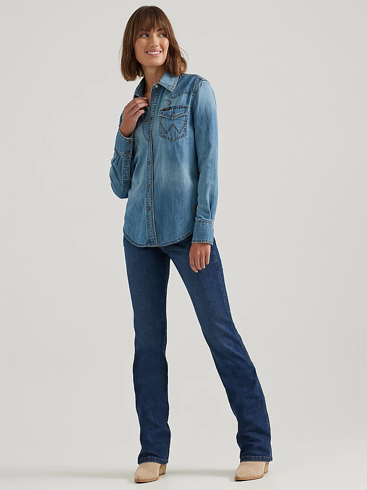 camisa wrangler x buffalo trace revival para mujer color índigo