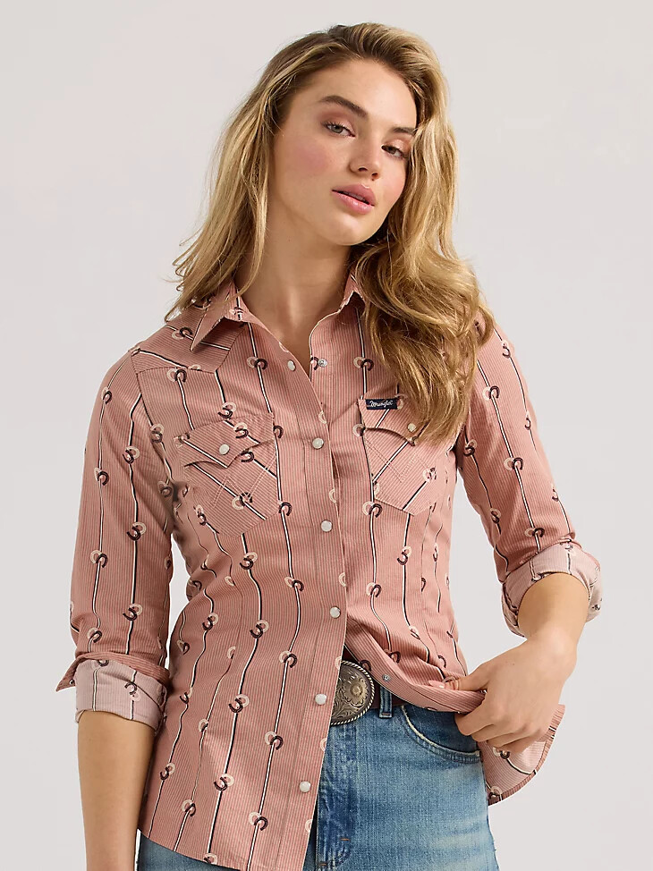 camisa vaquera entallada a rayas wrangler retro para mujer color rosa polvoriento